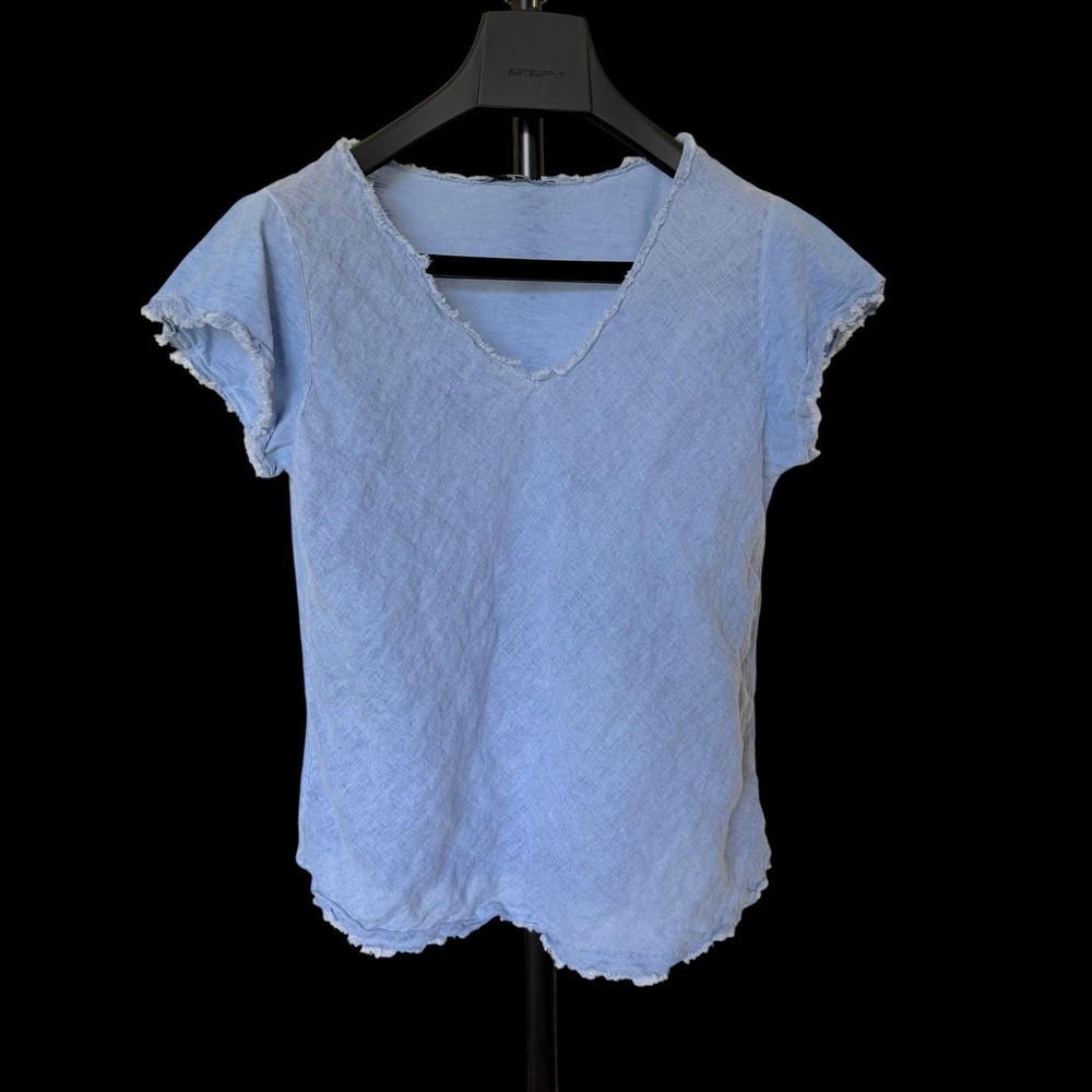 Tempo Paris Blue Linen Cotton V-Neck Short Sleeve Top Made in Italy L